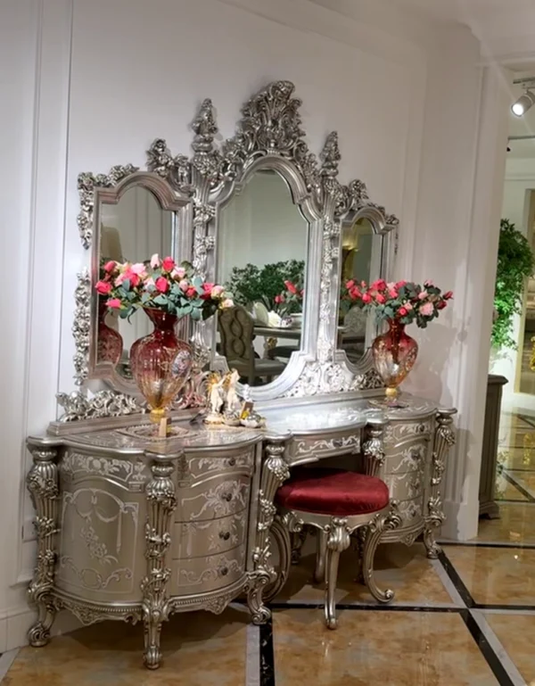 Royal Silver Luxury Dressing Table with Triple Mirror & Hand-Carved Details